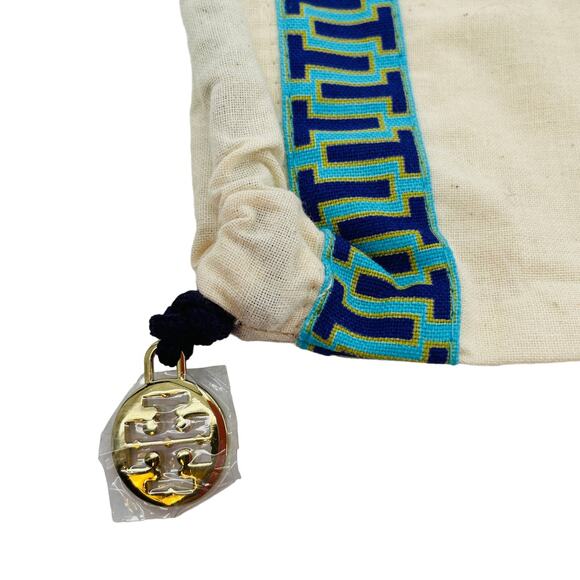 Tory Burch Cream Cloth Dustbag Drawstring Teal Print Trim Gold Logo Pull - Picture 2 of 6